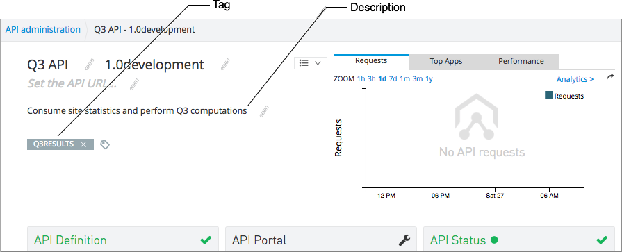 API version details page showing tag and description attributes for API registration