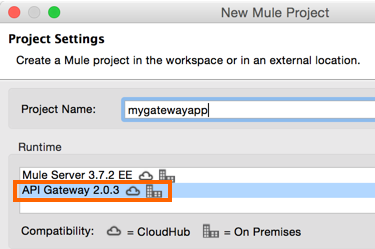 Anypoint Studio interface showing API Gateway project creation options