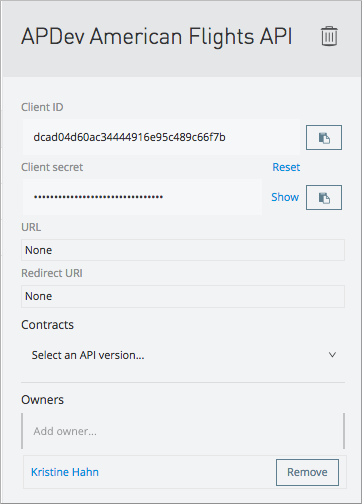 Client application details with access token and credential management