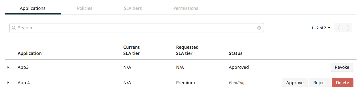Application management interface showing SLA tier selection and access request approval controls