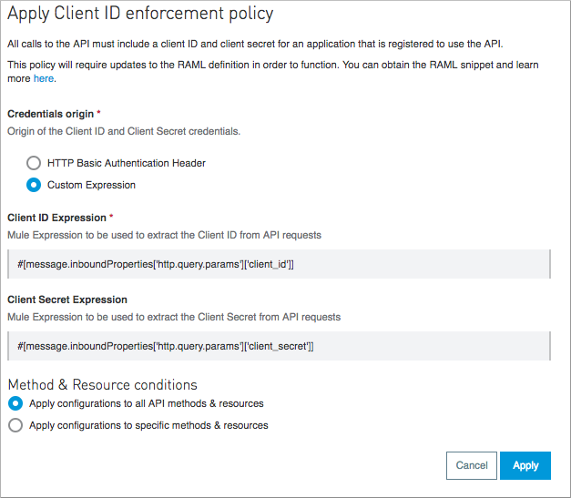 Client ID enforcement policy configuration interface with default settings