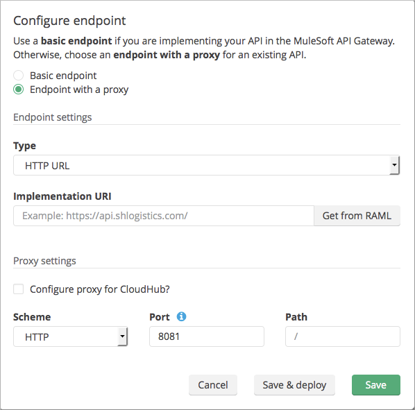 Endpoint configuration dialog showing implementation URI and deployment options