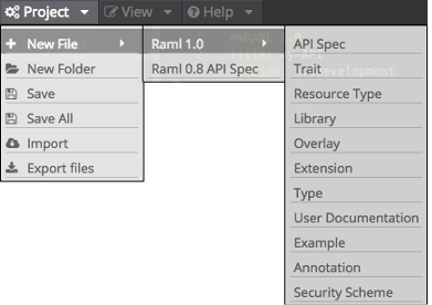 New File dialog with options for selecting RAML spec version and content type