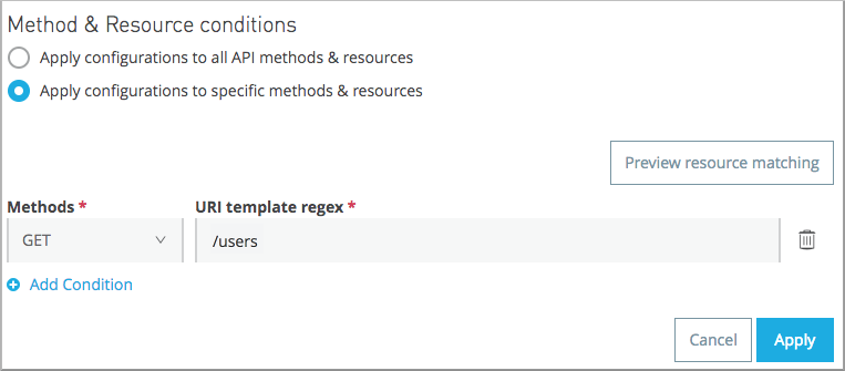 Resource level policy configuration showing method filters and URI template regex settings