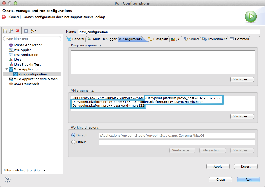Run configuration dialog with proxy host and port settings in VM arguments
