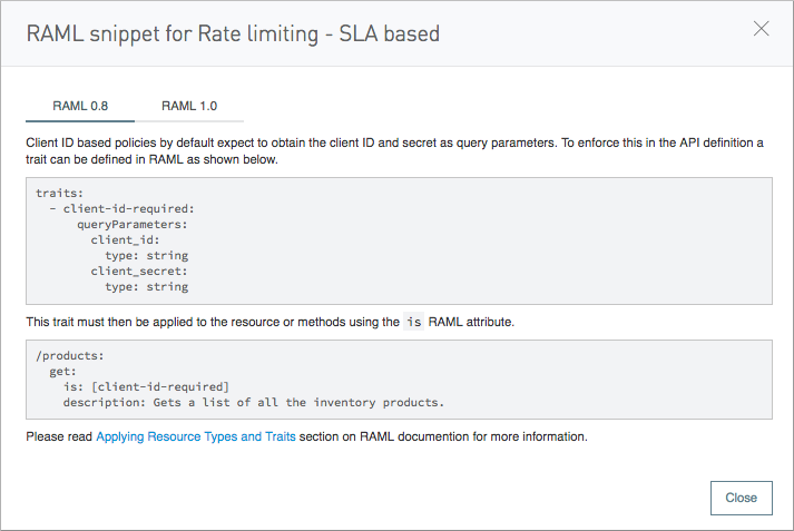 Policy configuration showing RAML snippet for rate limiting implementation