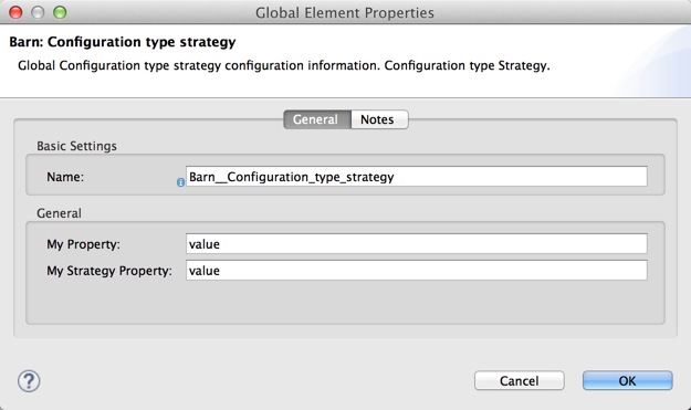 Global elements properties window for Barn Connector configuration in the General tab