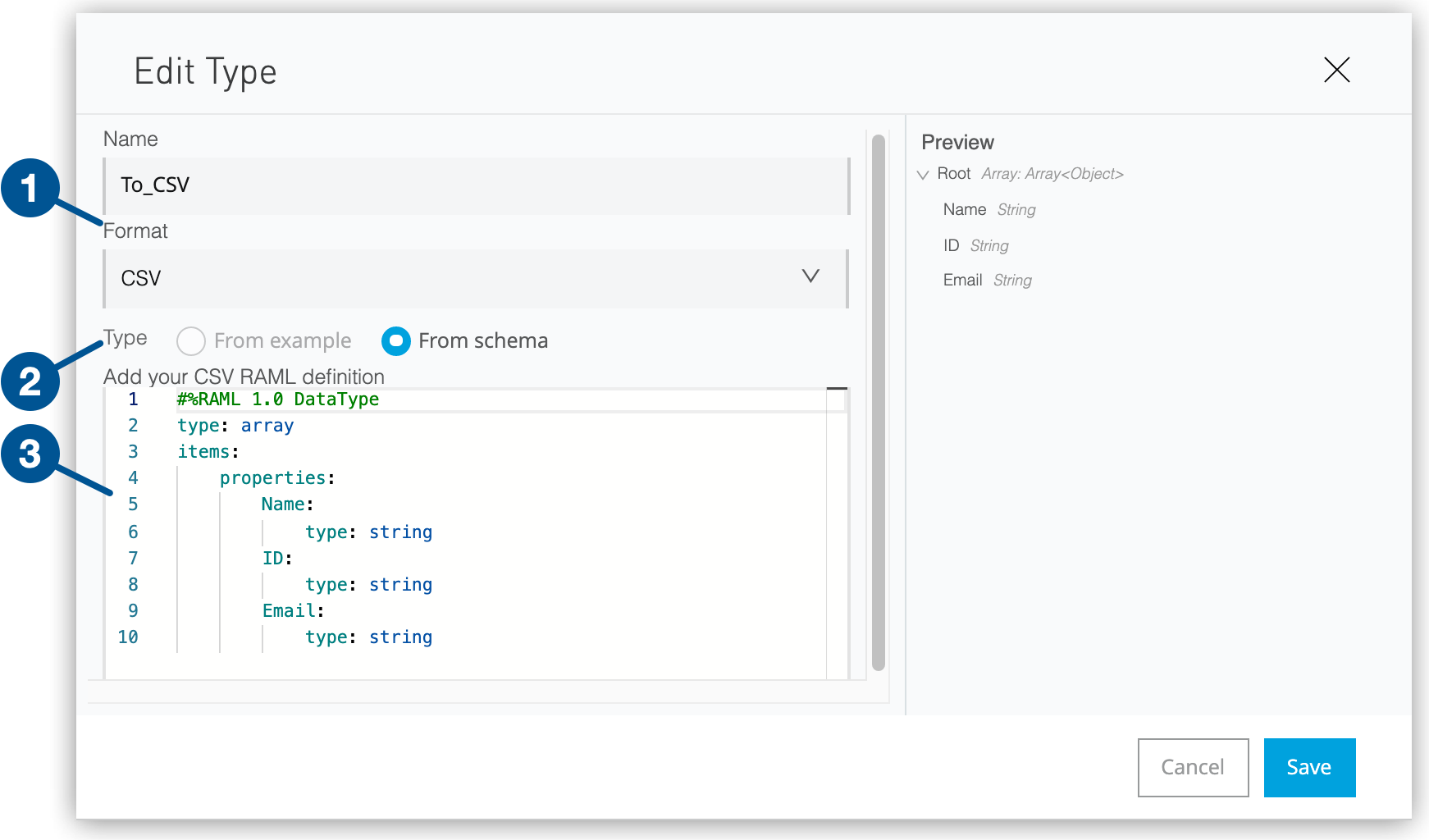 The dialog for creating the custom data type