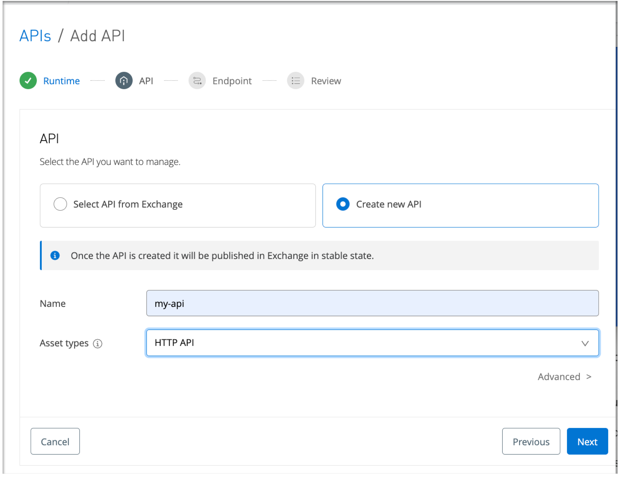 A form to select or create a new API