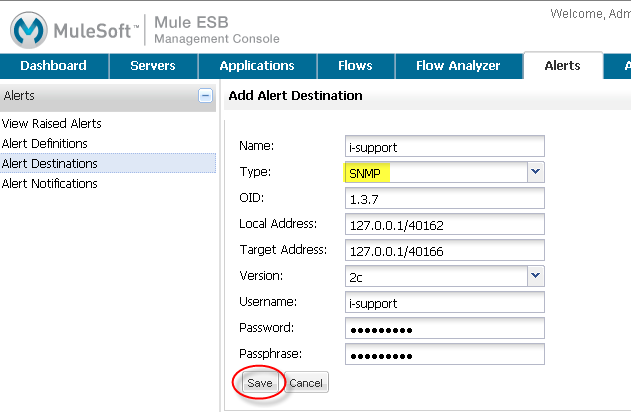 alerts destination add snmp