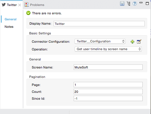 Twitter connector properties settings