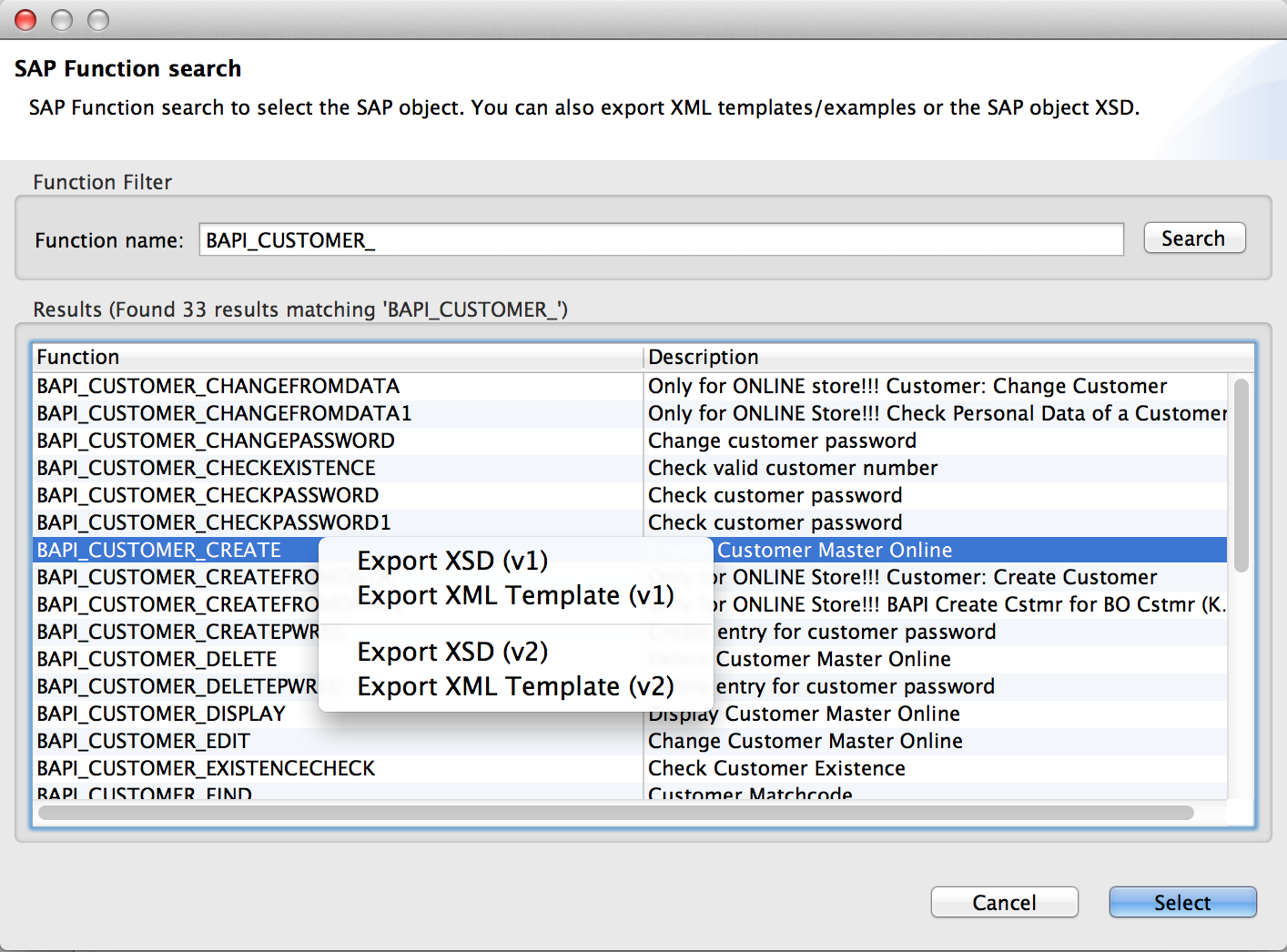 select export sap object
