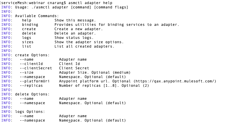 CLI help for adapter commands