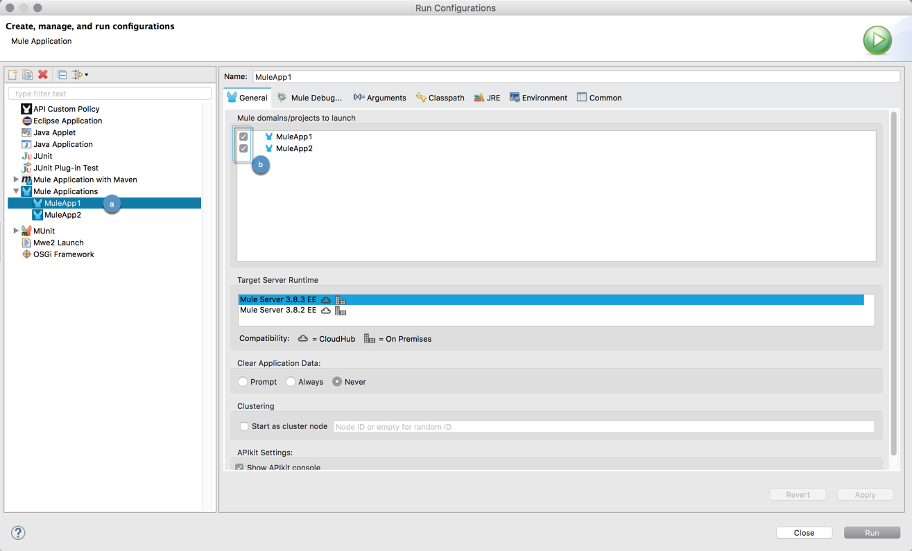 A dialog box for configuring and running Mule applications