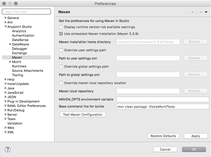 *Maven Preferences Reference* window accessed from the *Settings…​* option, from the *Anypoint Studio* menu.