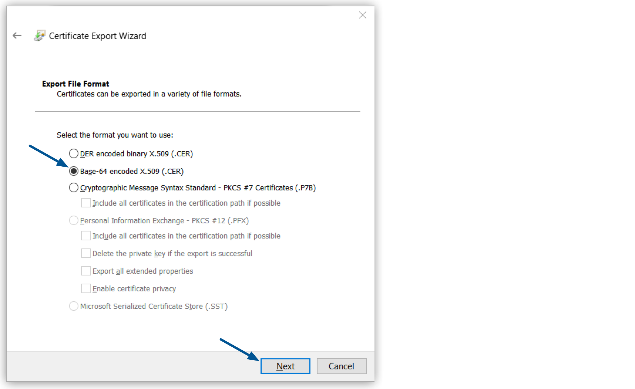 *Base-64 encoded X.509 (.CER)* option and *Next* button highlighted in the *Certificate Export Wizard* window.