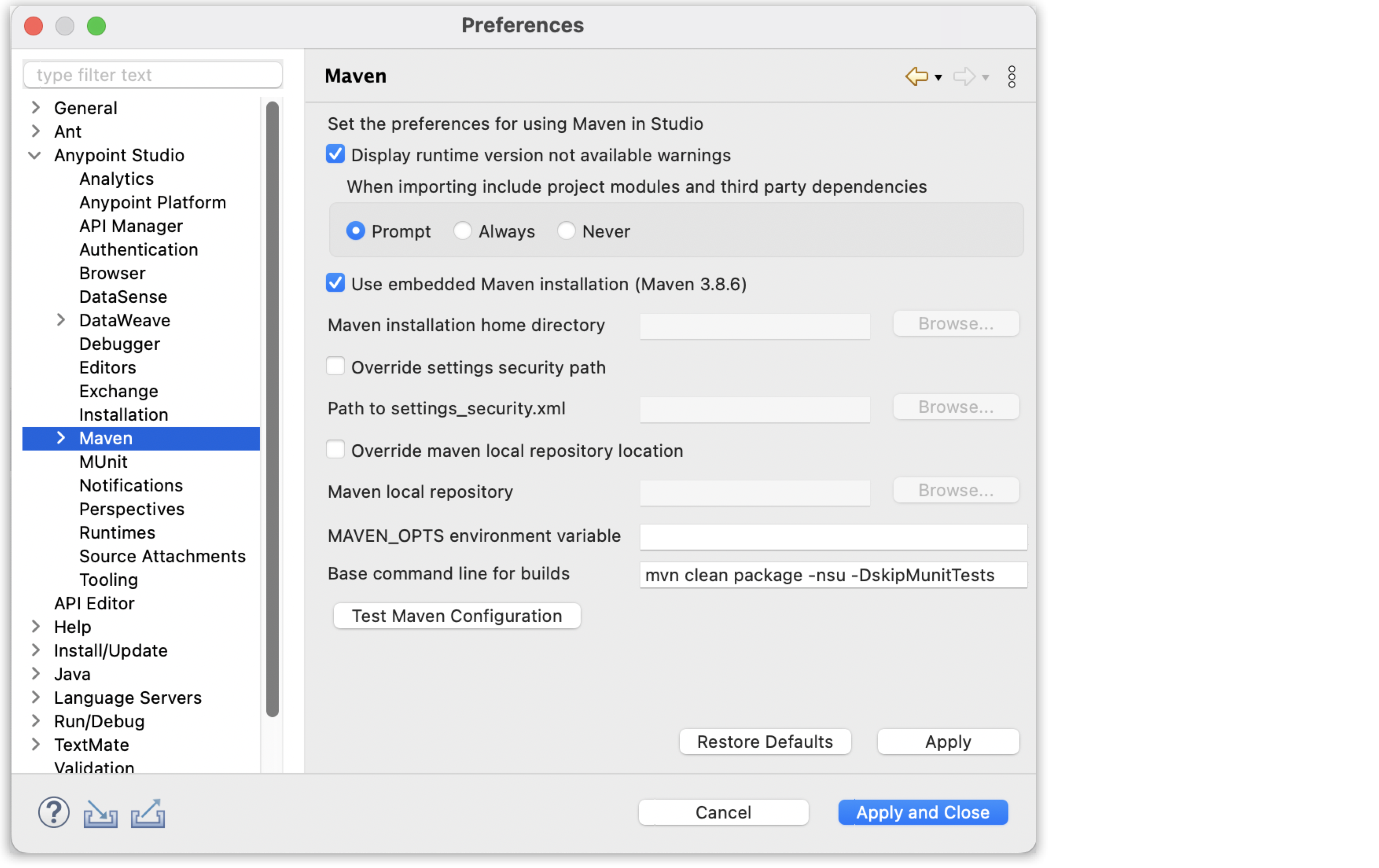 *Maven Preferences Reference* window accessed from the *Settings…​* option, from the *Anypoint Studio* menu.