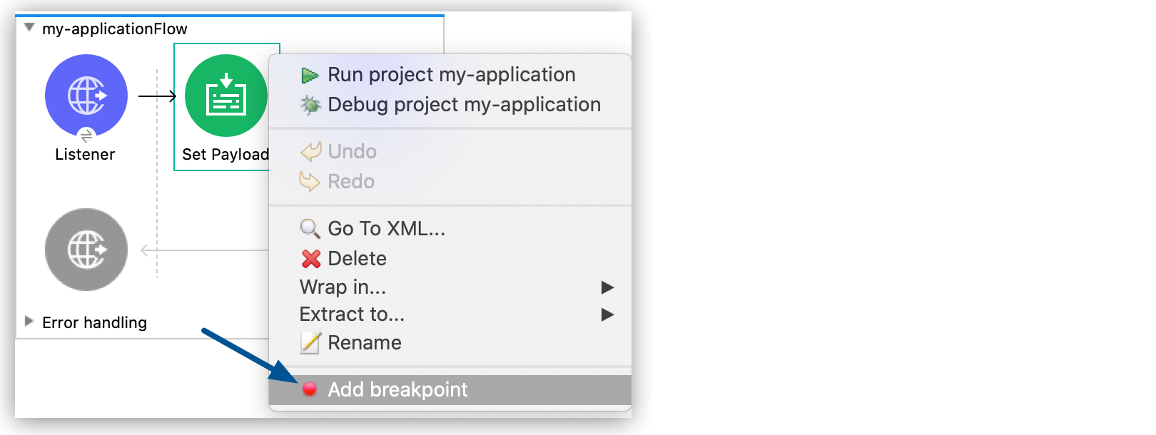 The Add breakpoint option highlighted in the context menu of a flow