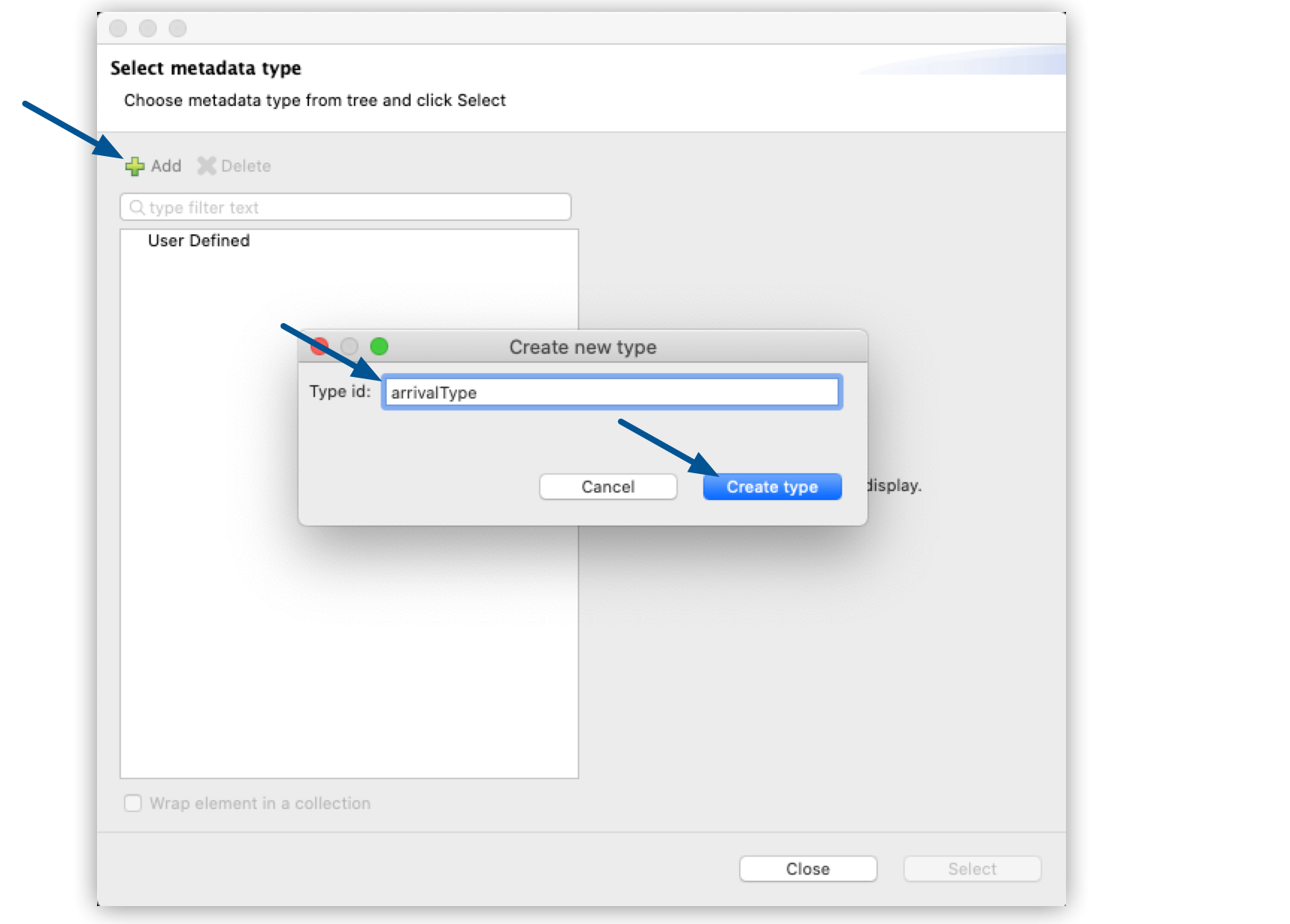 A window containing a form for the creation of a new metadata type, including a type ID field and a 'Create Type' button