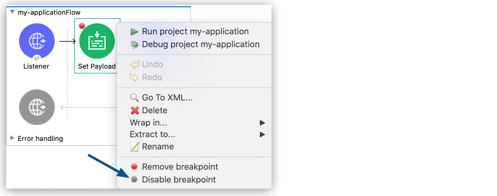 The Disable breakpoint option highlighted in the context menu of a flow