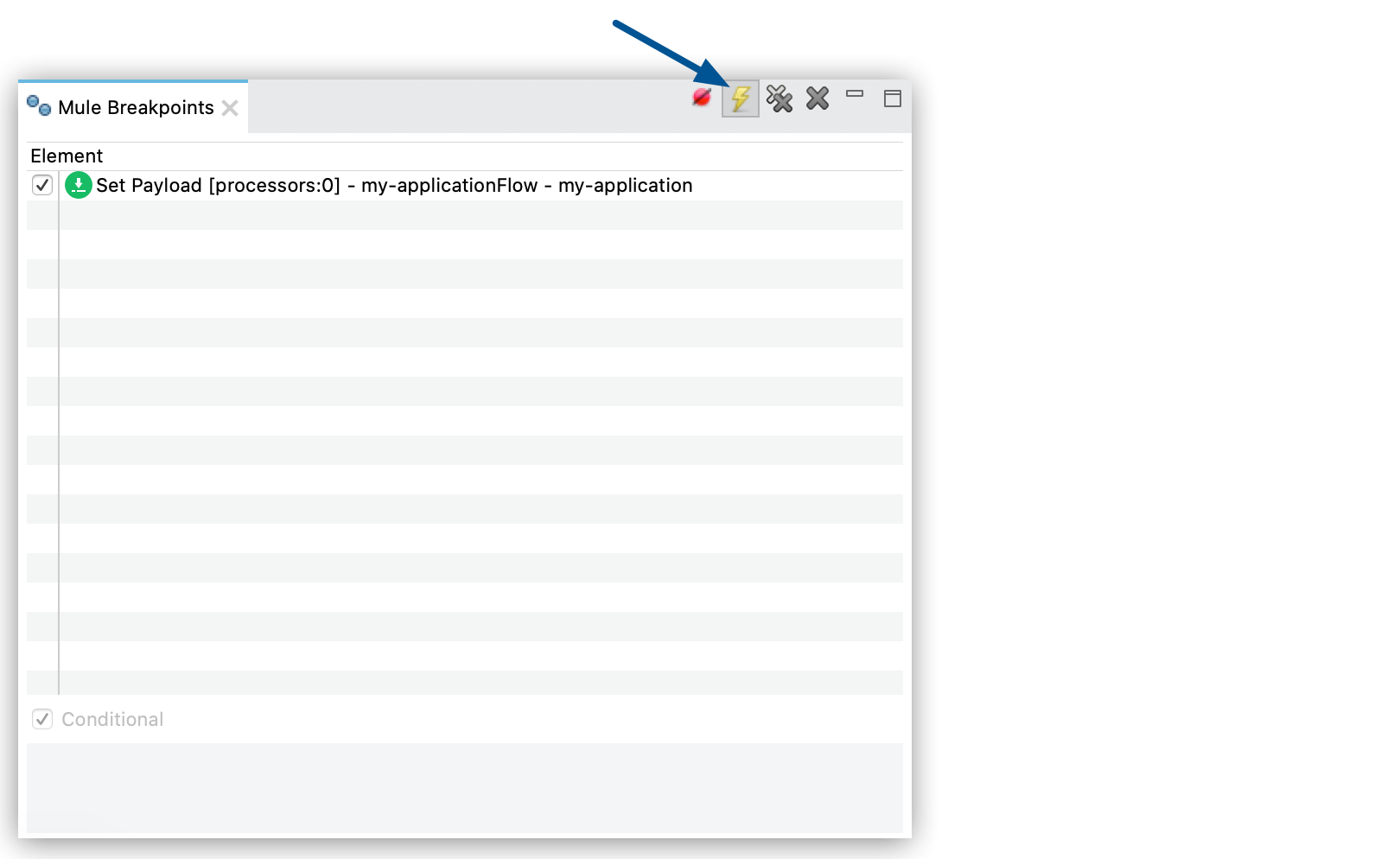 Disable error breakpoints button highlighted in the Mule Breakpoints view