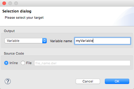 The new-target window with options to select a variable name and source code