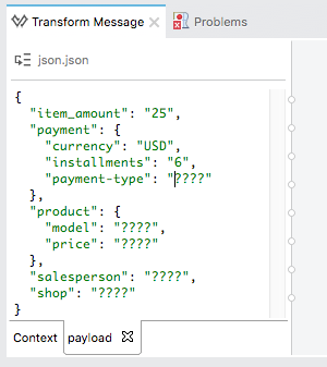 A code editor displaying a JSON file with fields for item amount, payment, product, salesperson, and shop