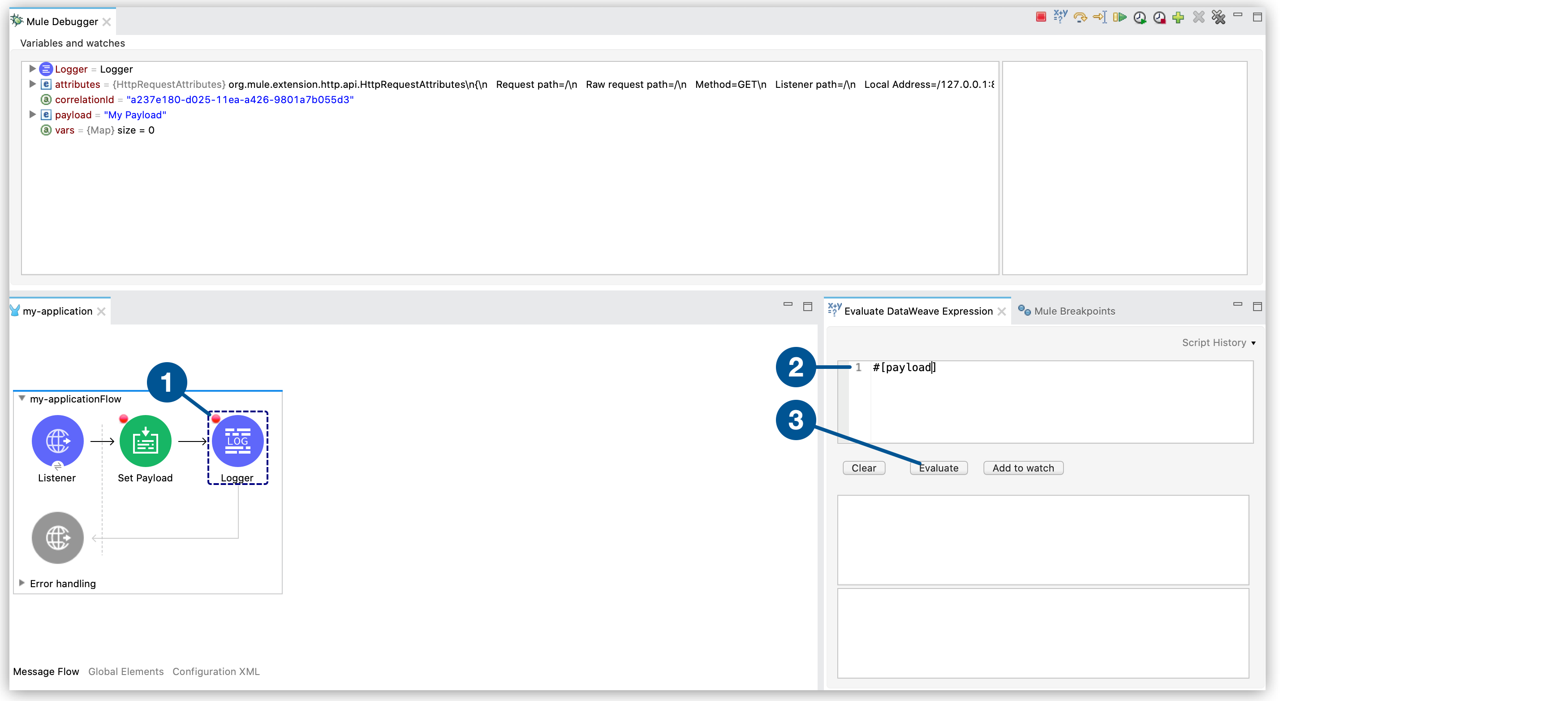 Debugger with message flow, listener, set payload, logger, and DataWeave expression evaluator with Evaluate Expression button