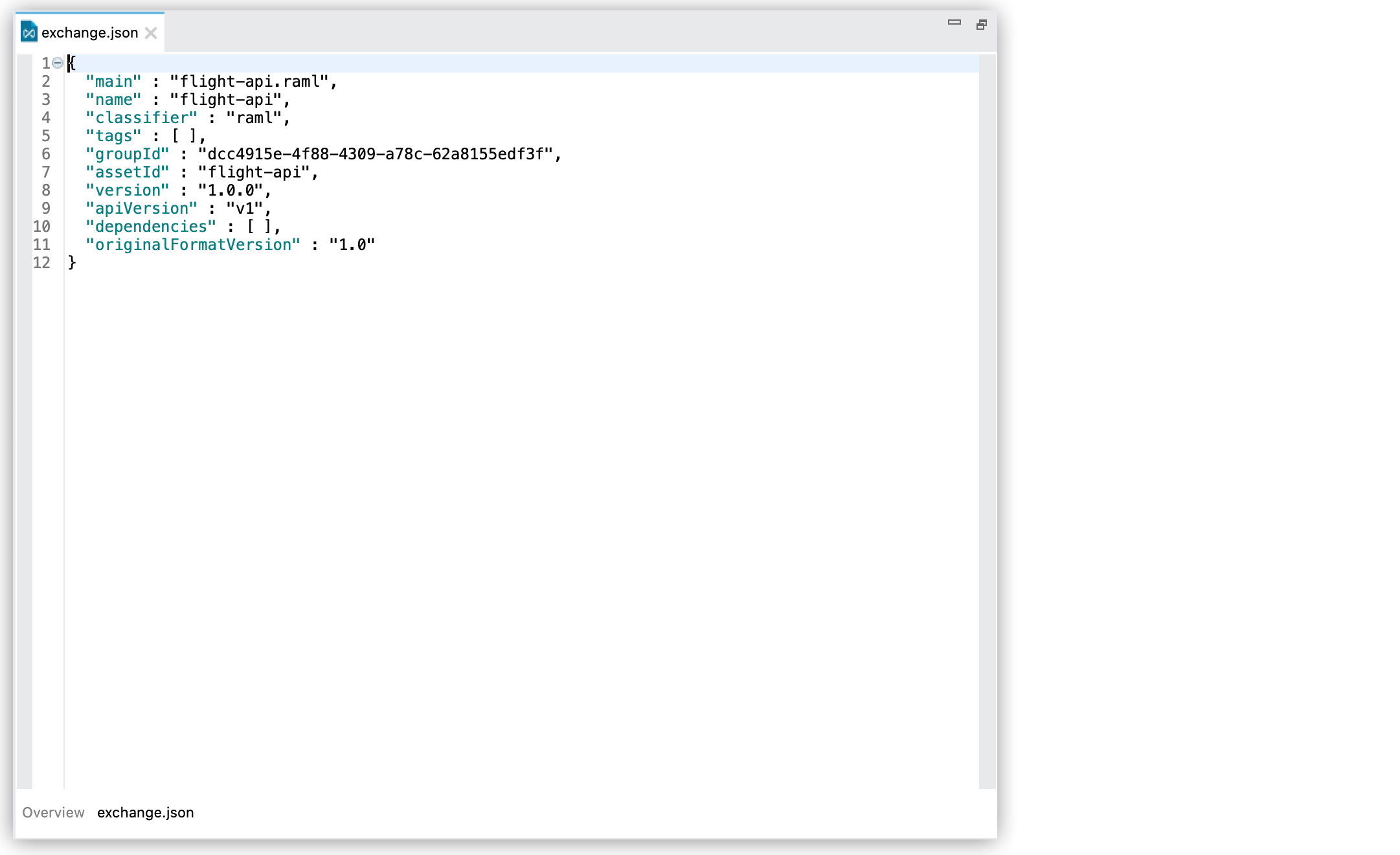 A code window displaying a JSON file labeled exchange.json