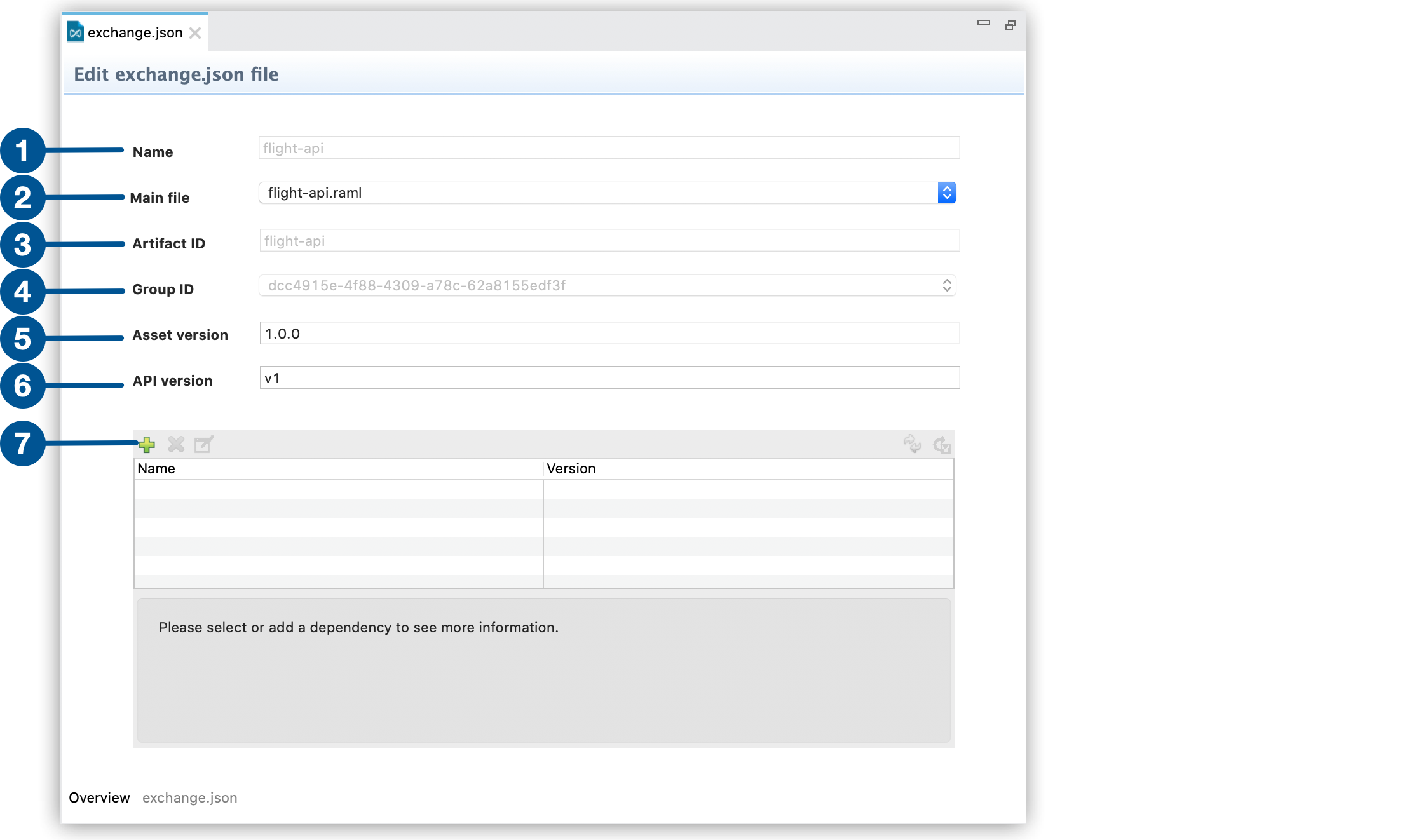 A form with fields to edit exchange.json file information, including name, main file, artifact ID, group ID, asset version, and API version