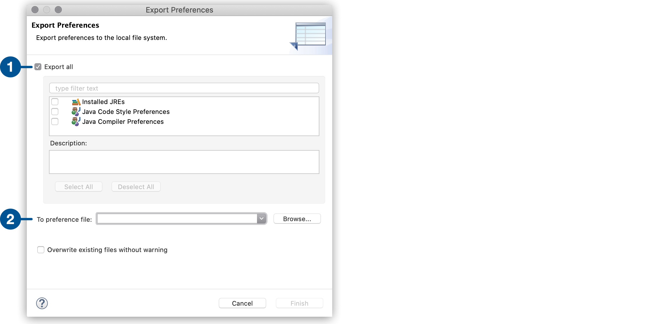 A window showing the Export Preferences dialog, enabling the export of preferences to the local file system