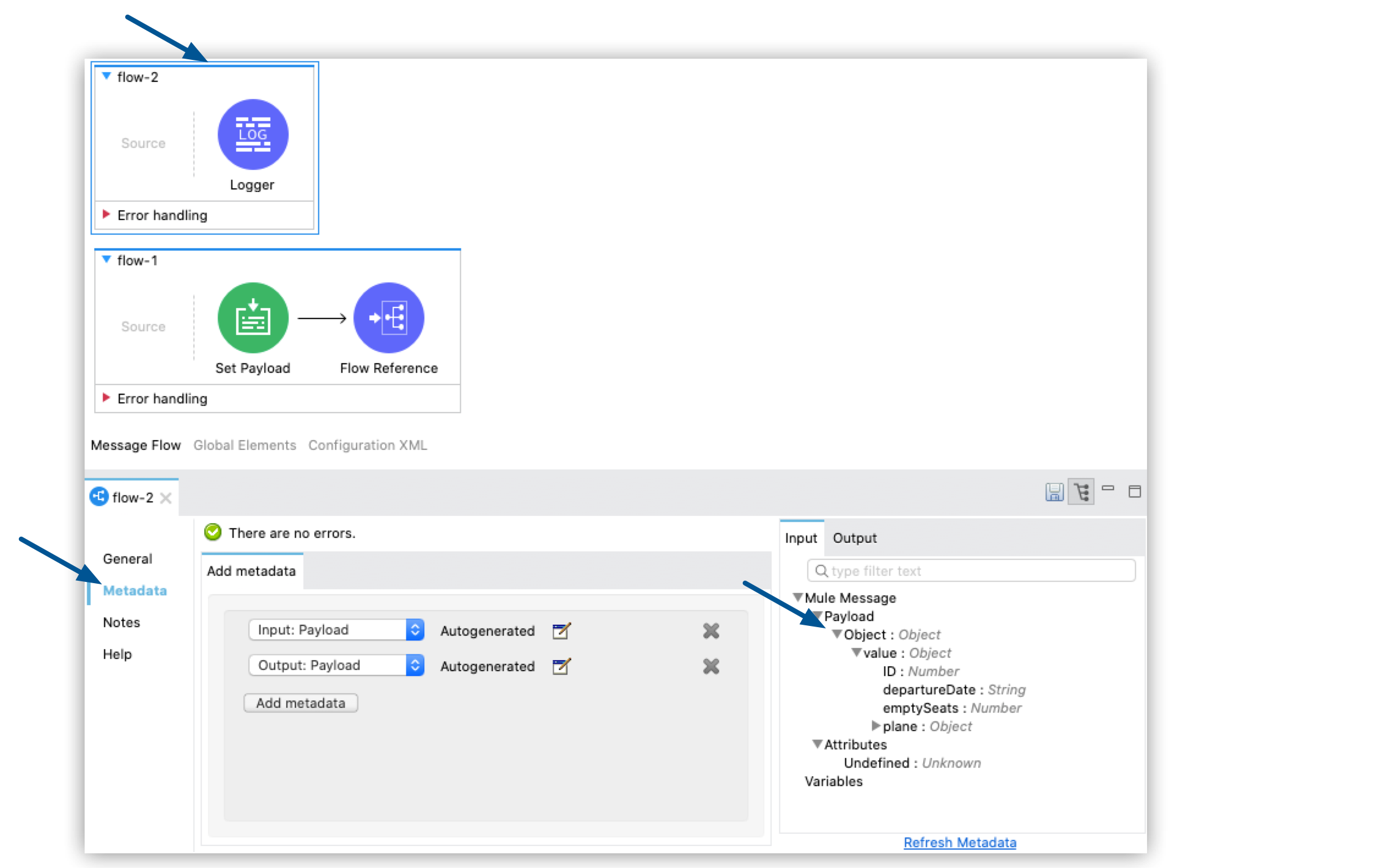 A message flow with a metadata section and an input-output view that displays a message payload with object and value attributes