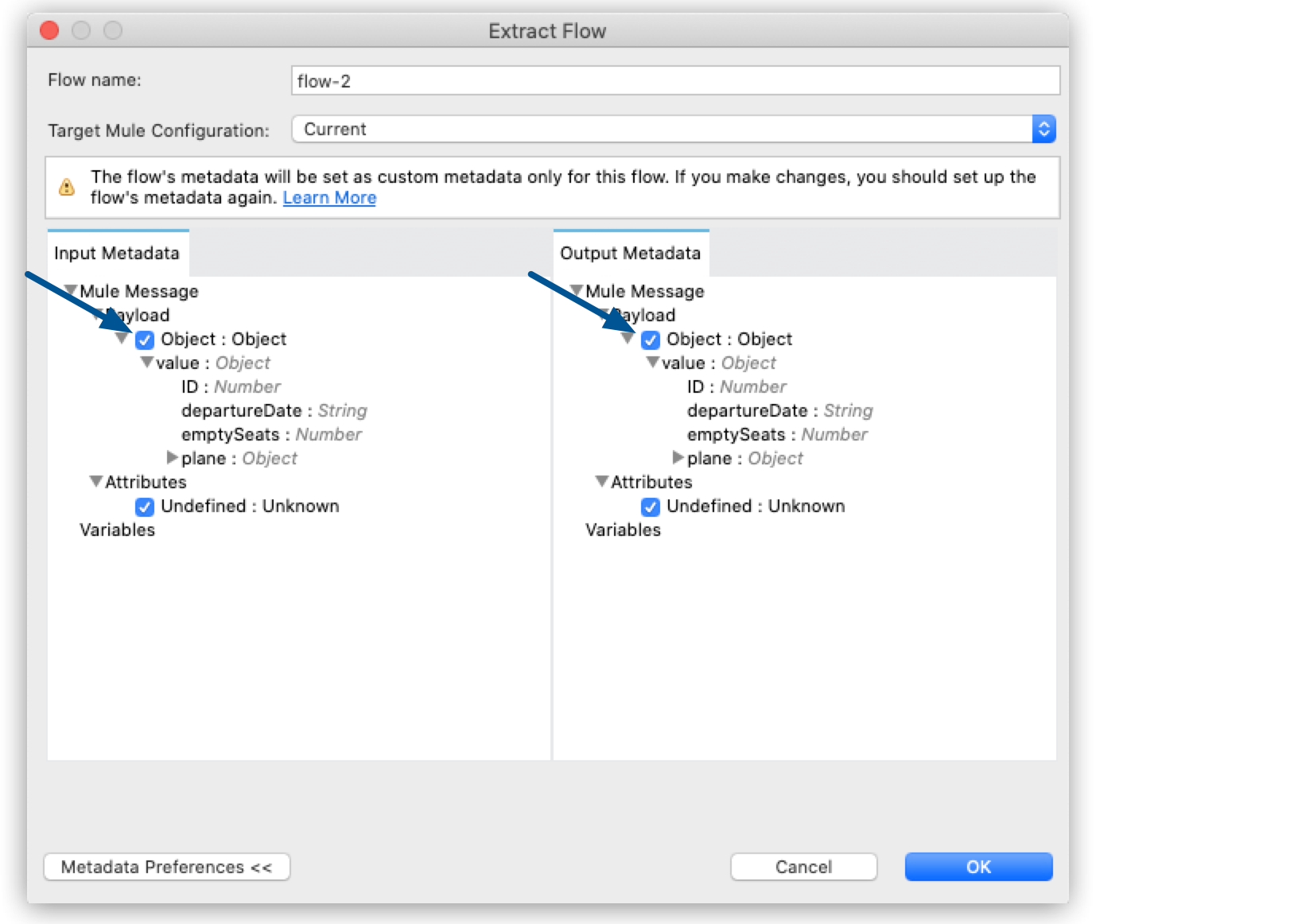 A window displays the input and output metadata for a message flow, which includes an object with attributes for ID, departure date, empty seats, and plane