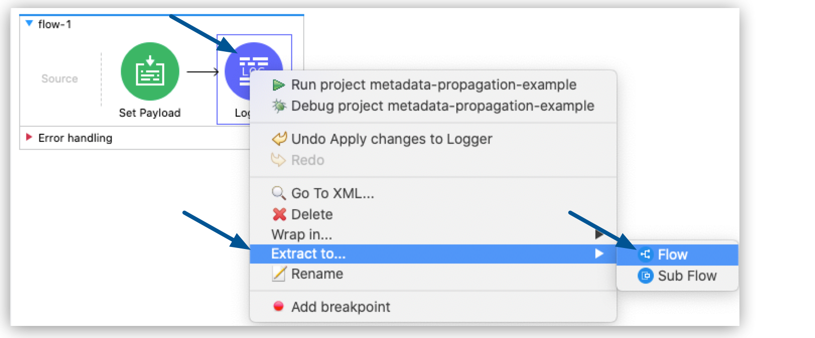 A menu with options for a flow, including extracting the flow to a sub-flow