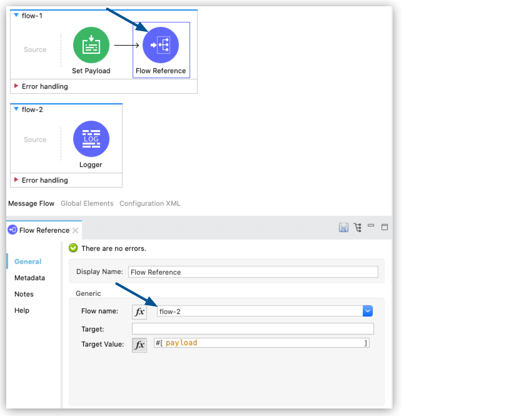 A dialog box displays an error message and a text field for entering a flow name