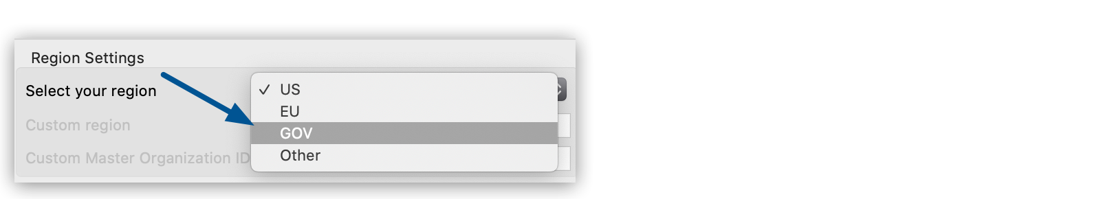 A dropdown menu with options for selecting a region, including US, EU, GOV, and Other