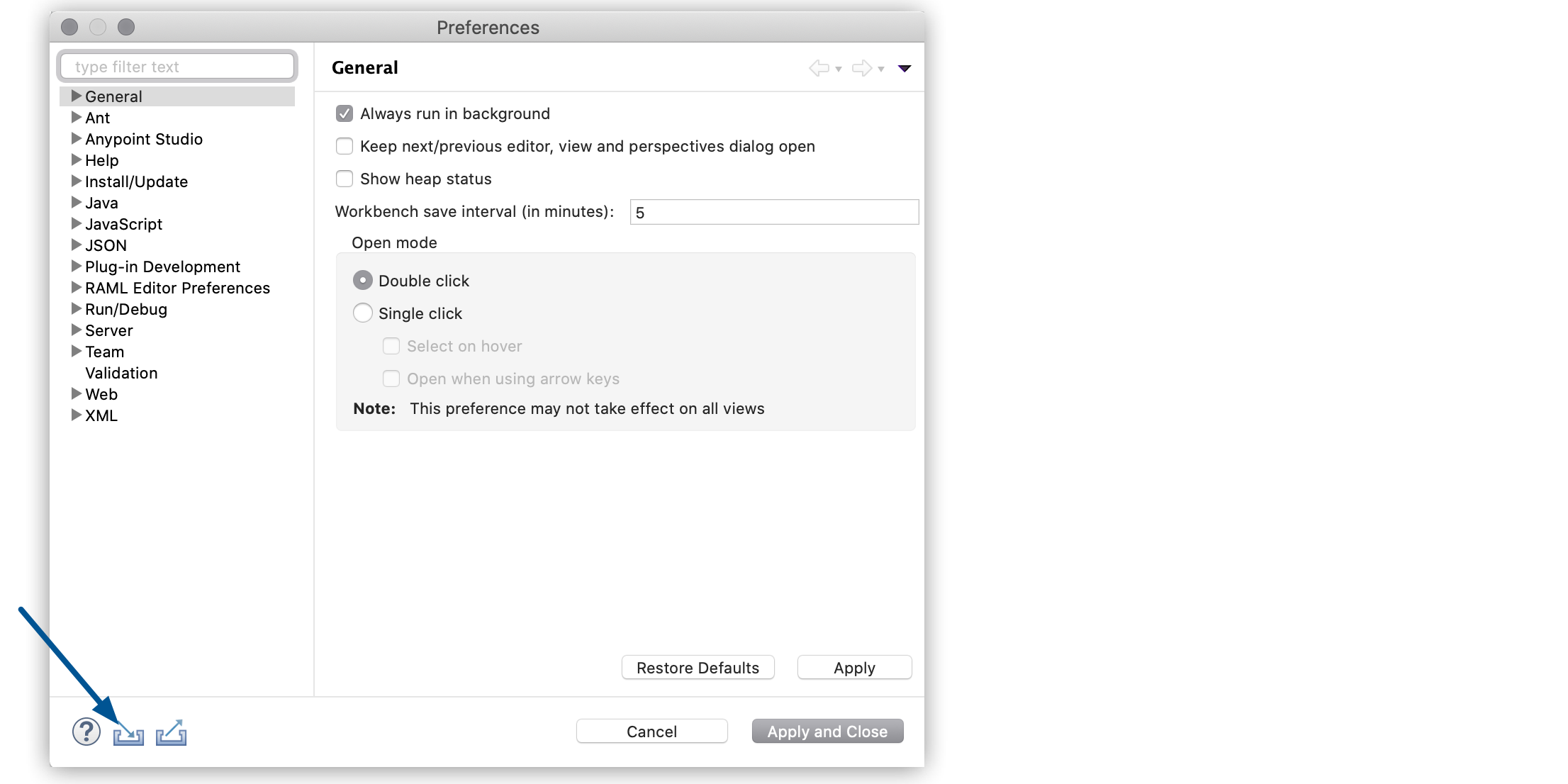 A window that consolidates program-wide preferences, such as those for background processes, editor behavior, and save intervals