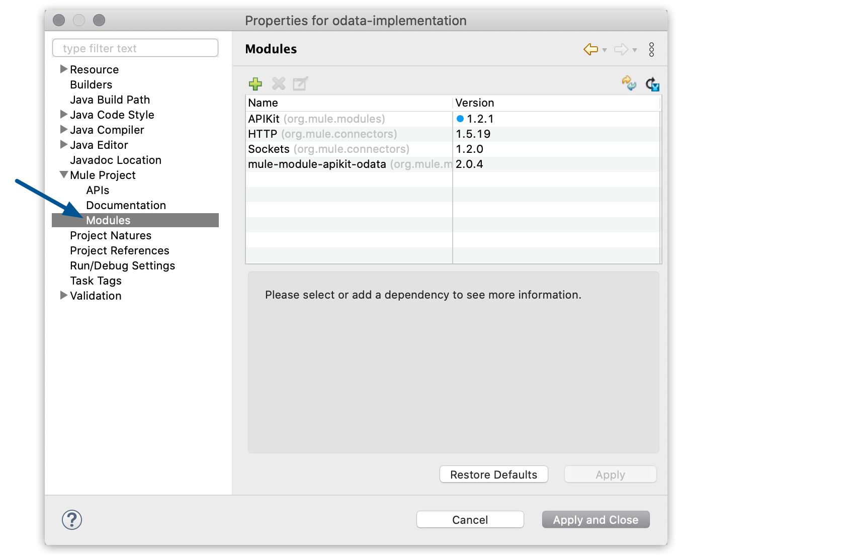 Table of modules, their names, versions, and package names, with an arrow pointing to 