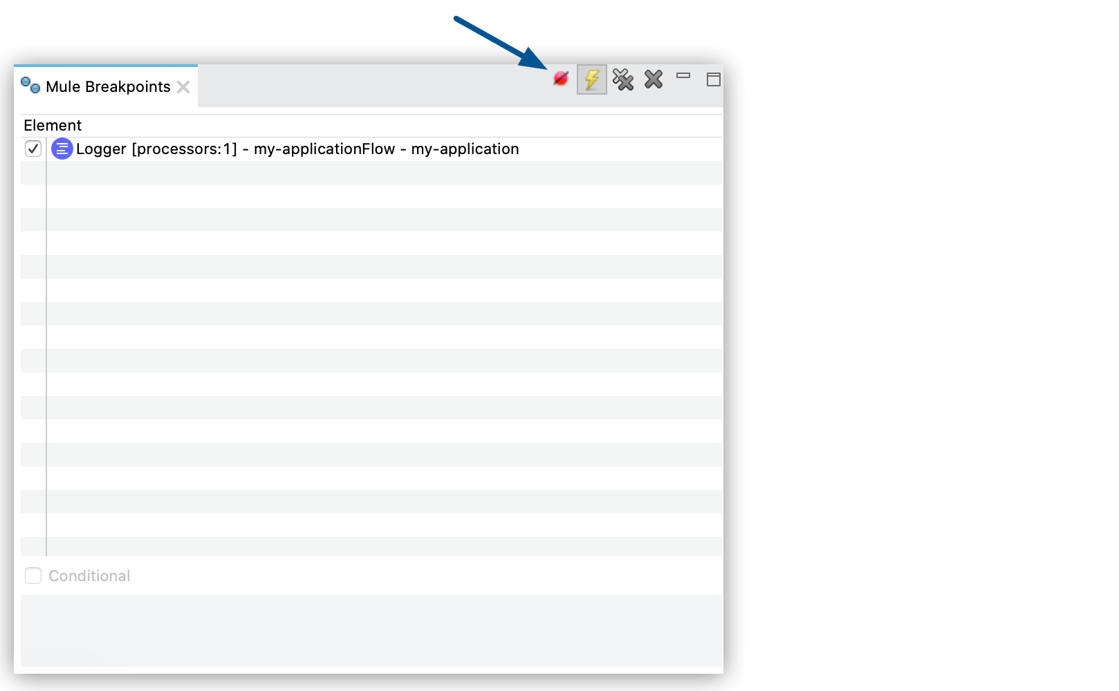 The Mute breakpoints icon highlighted in the Mule Breakpoints view