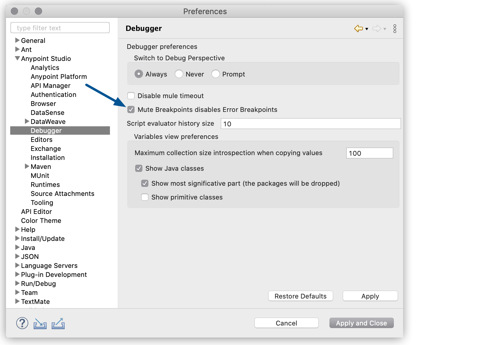 The Mute breakpoints disables Error Breakpoints checkbox highlighted in the Anypoint Studio Preferences menu