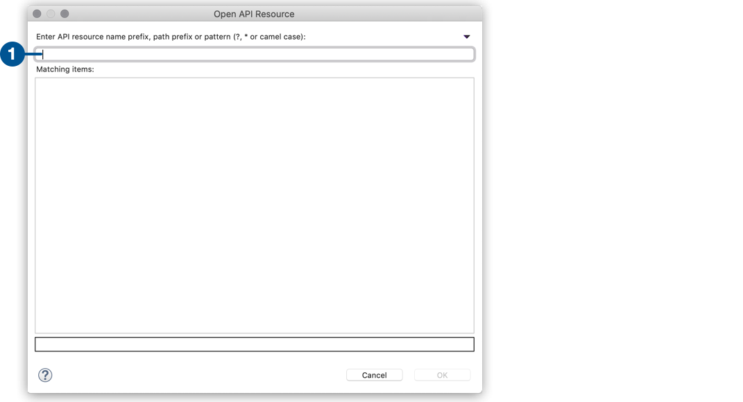 API search field highlighted in the Open API Resource window