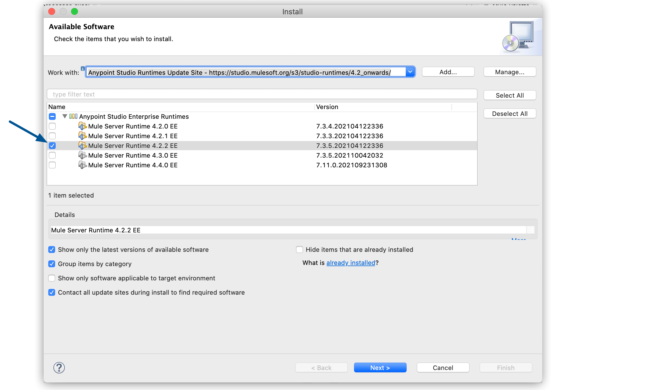 select mule runtime version