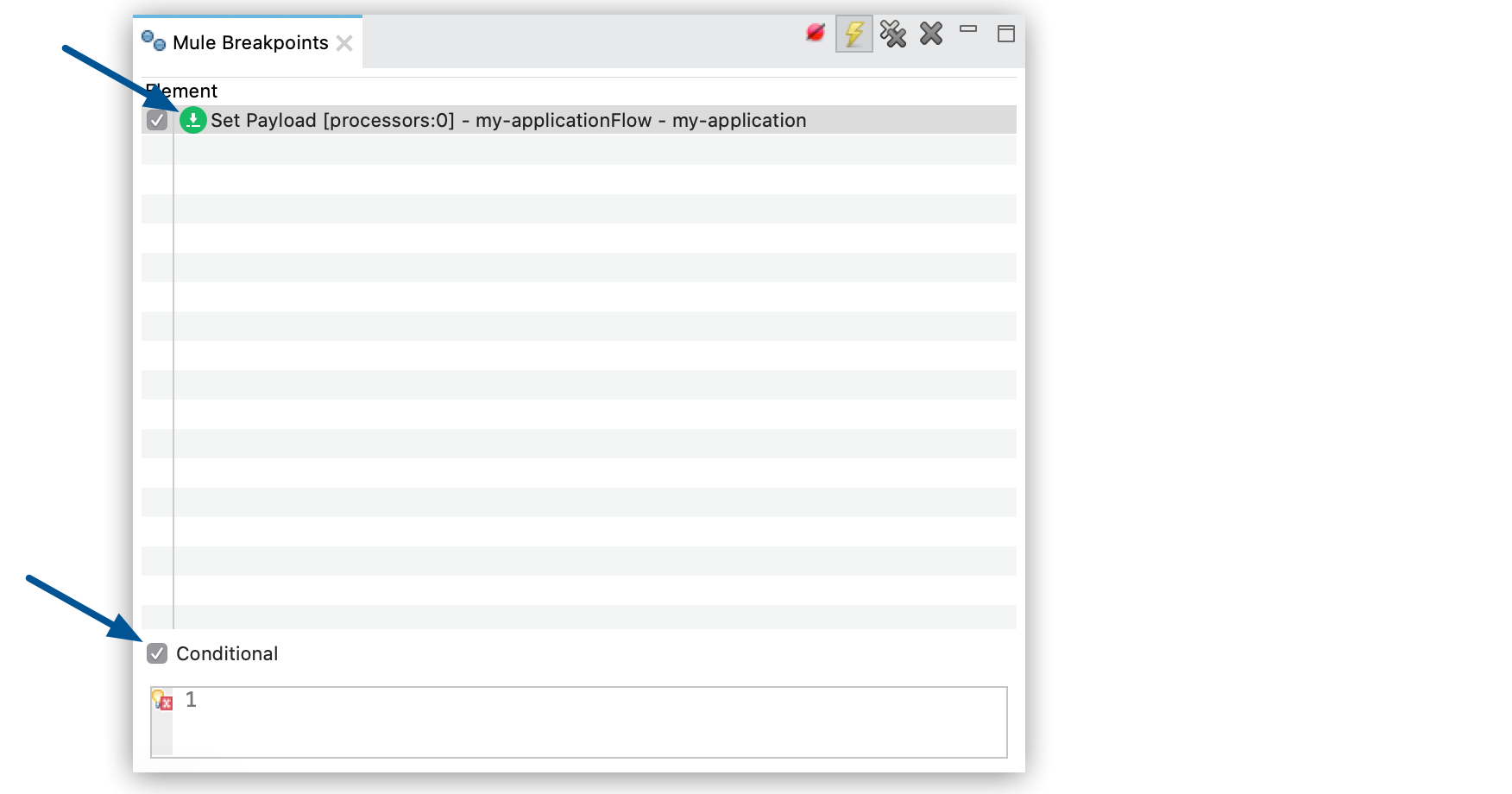 Set Payload and Conditional elements highlighted In the Mule Breakpoints view