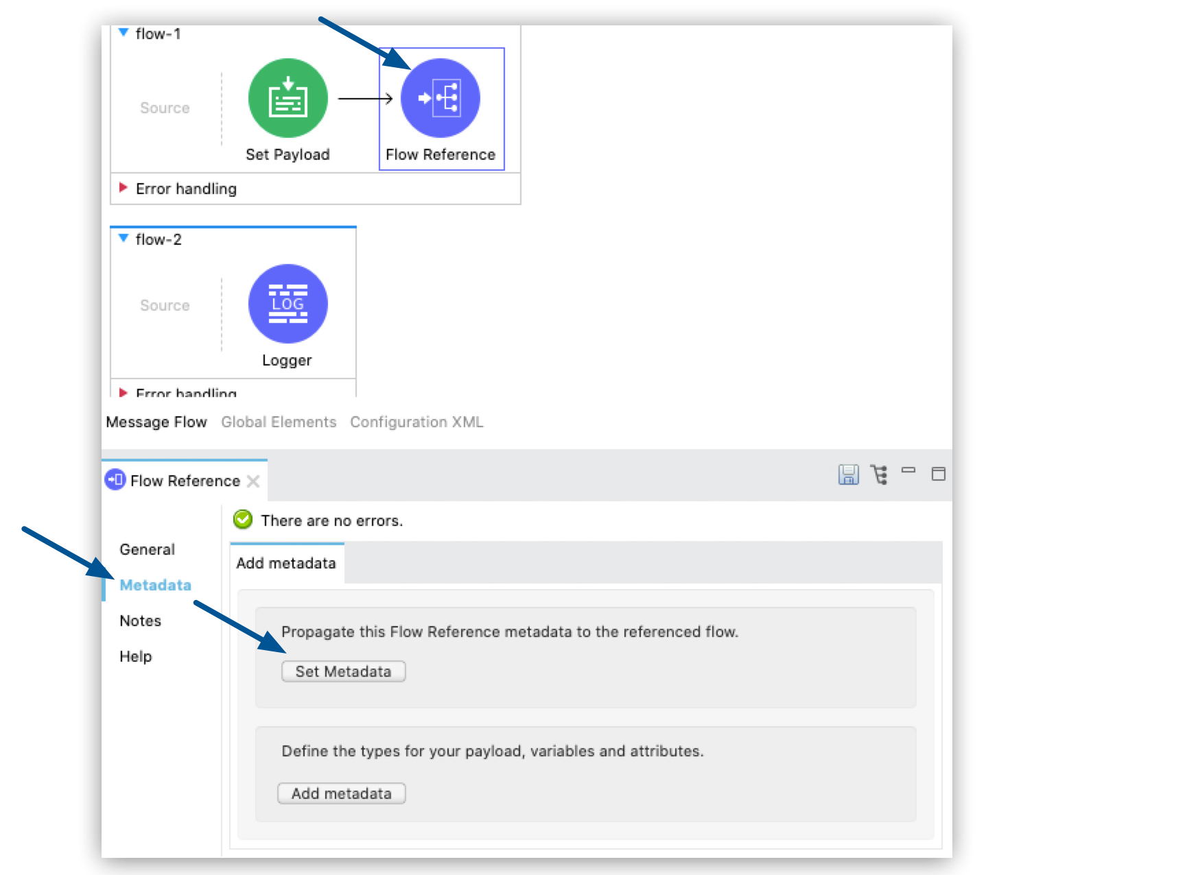 A screenshot of a flow reference panel with the option to add metadata