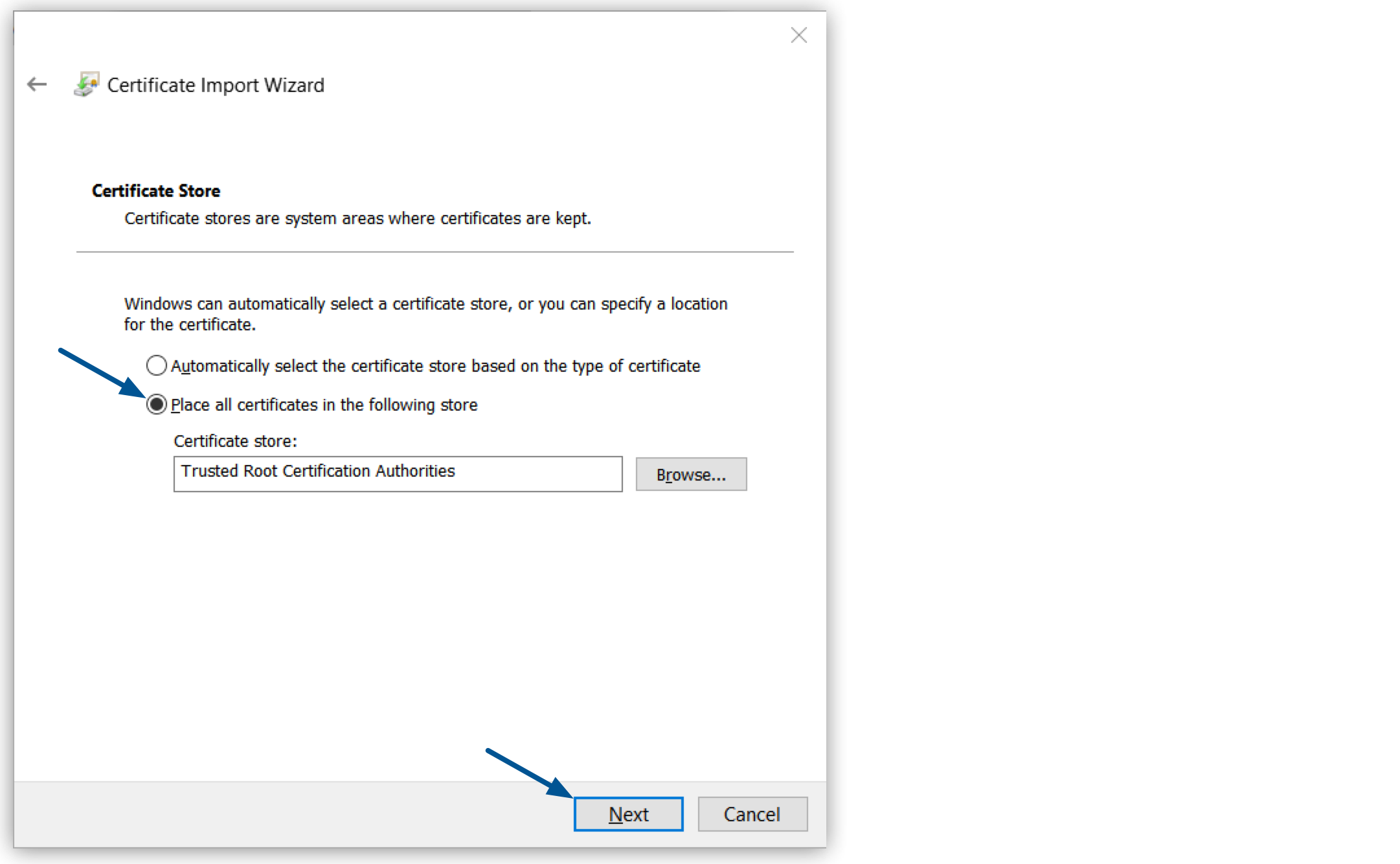 *Place all certificates in the following store* option and *Next* button highlighted in the *Certificate Export Wizard* window
