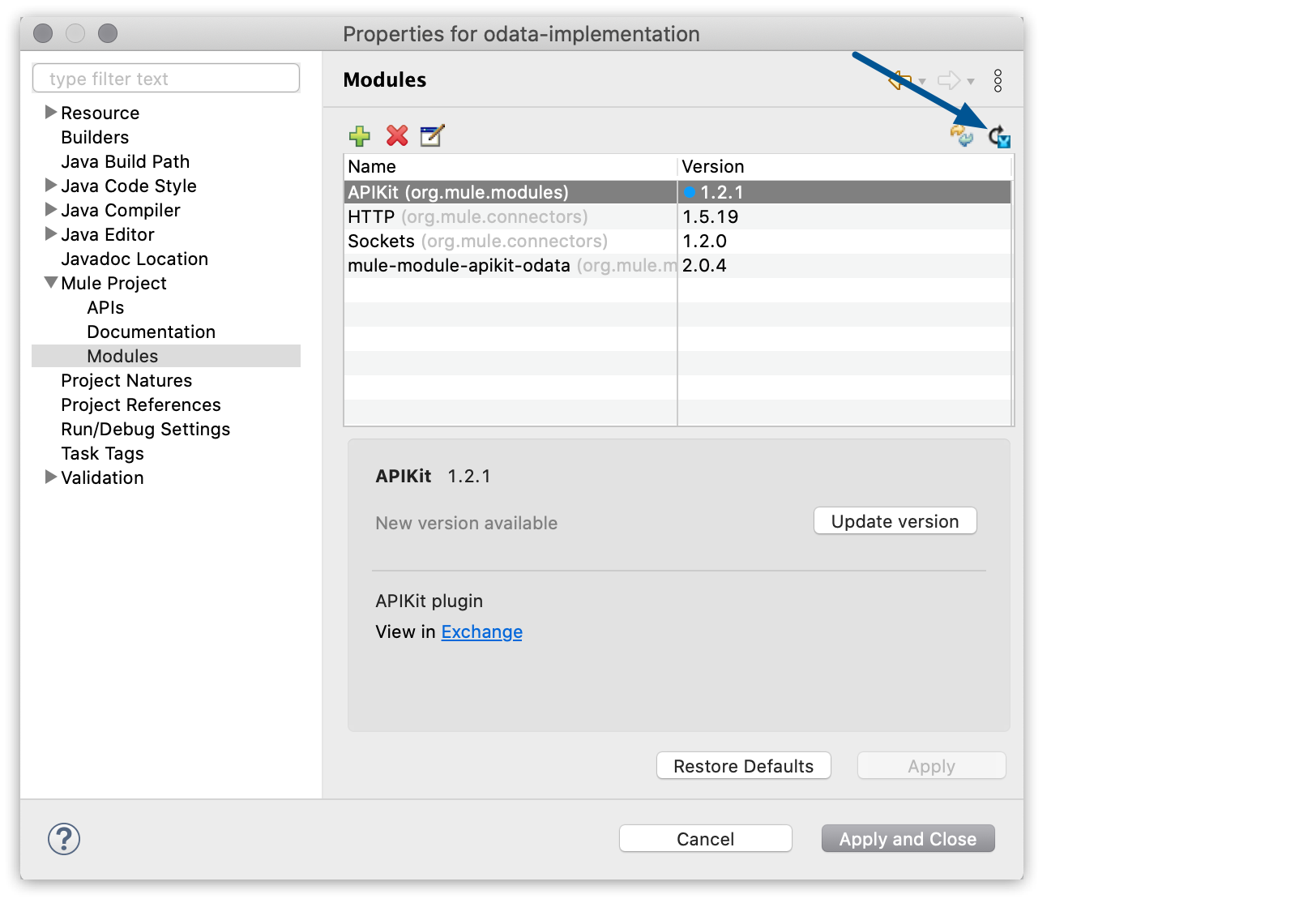 A dialog box displays the available modules with their version numbers and provides options to update, restore, apply, or close