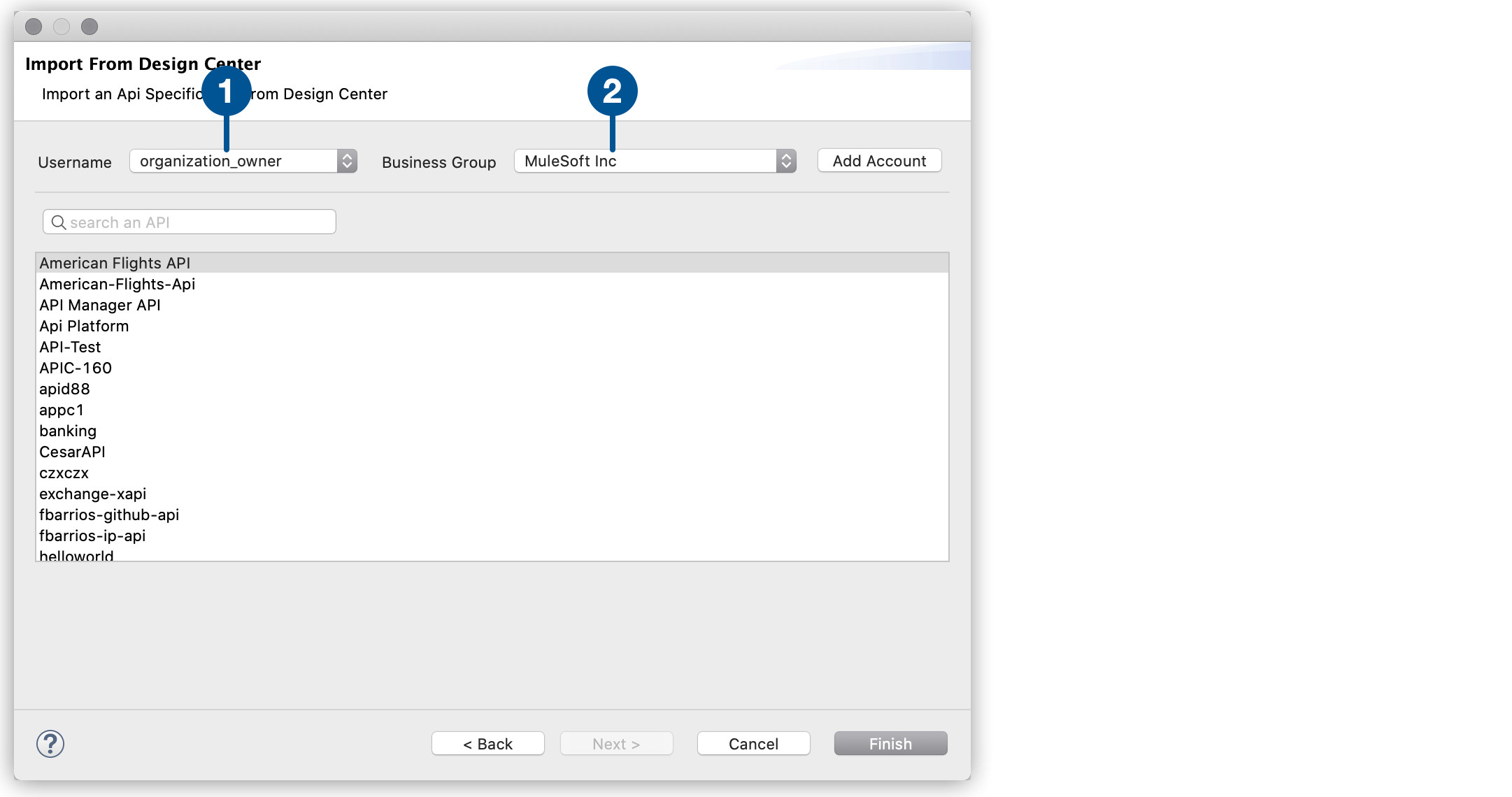 A window with fields for importing an API from Design Center, including a list of available APIs