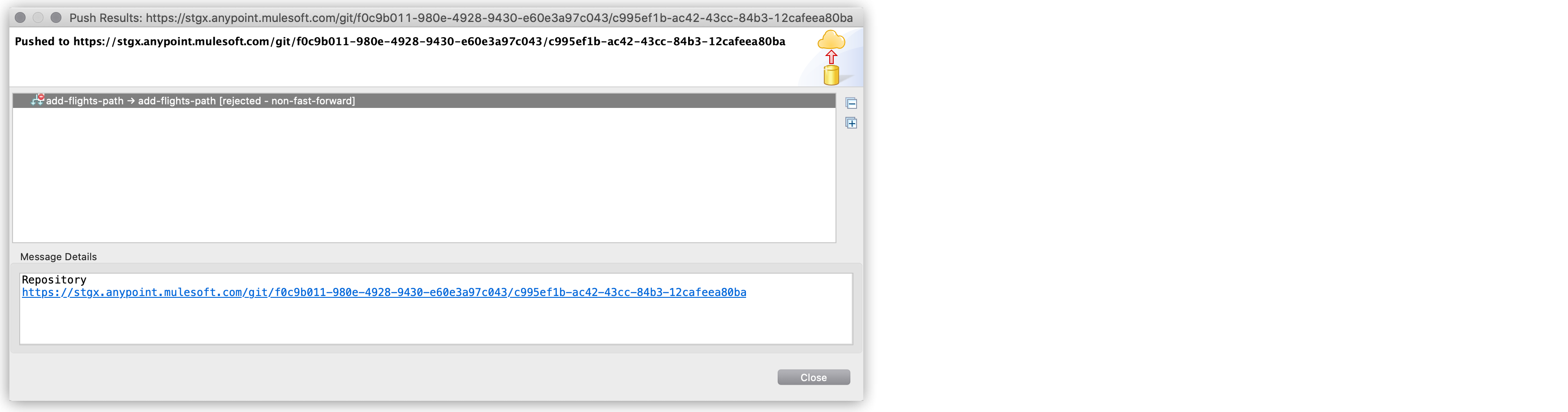 A window appears with the push results, including the repository URL and message details